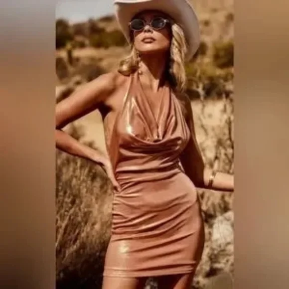 12th Tribe Halter Mini Dress Rose Gold Matalic Pink Cowl Neck Size Small - Picture 1 of 13